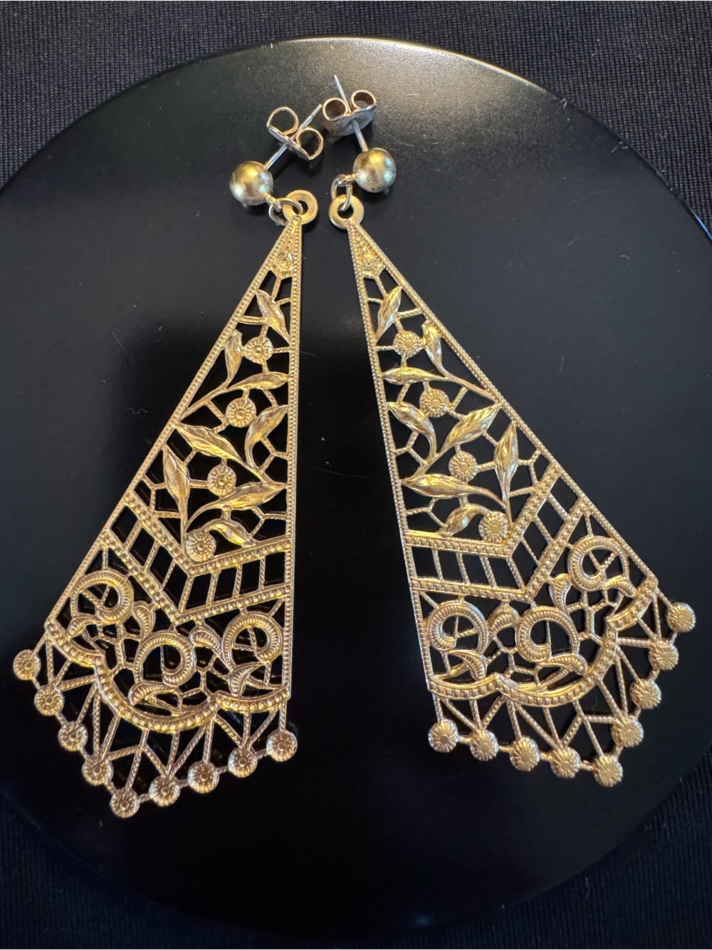 Gold Tone Filigree Statement Earrings - Boho Lace Openwork Dangles